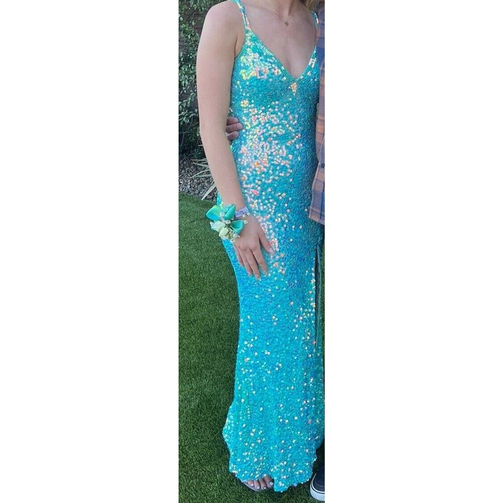 Primavera Sequin Aqua Green dress Prom Full Length size 2 maxi evening gown